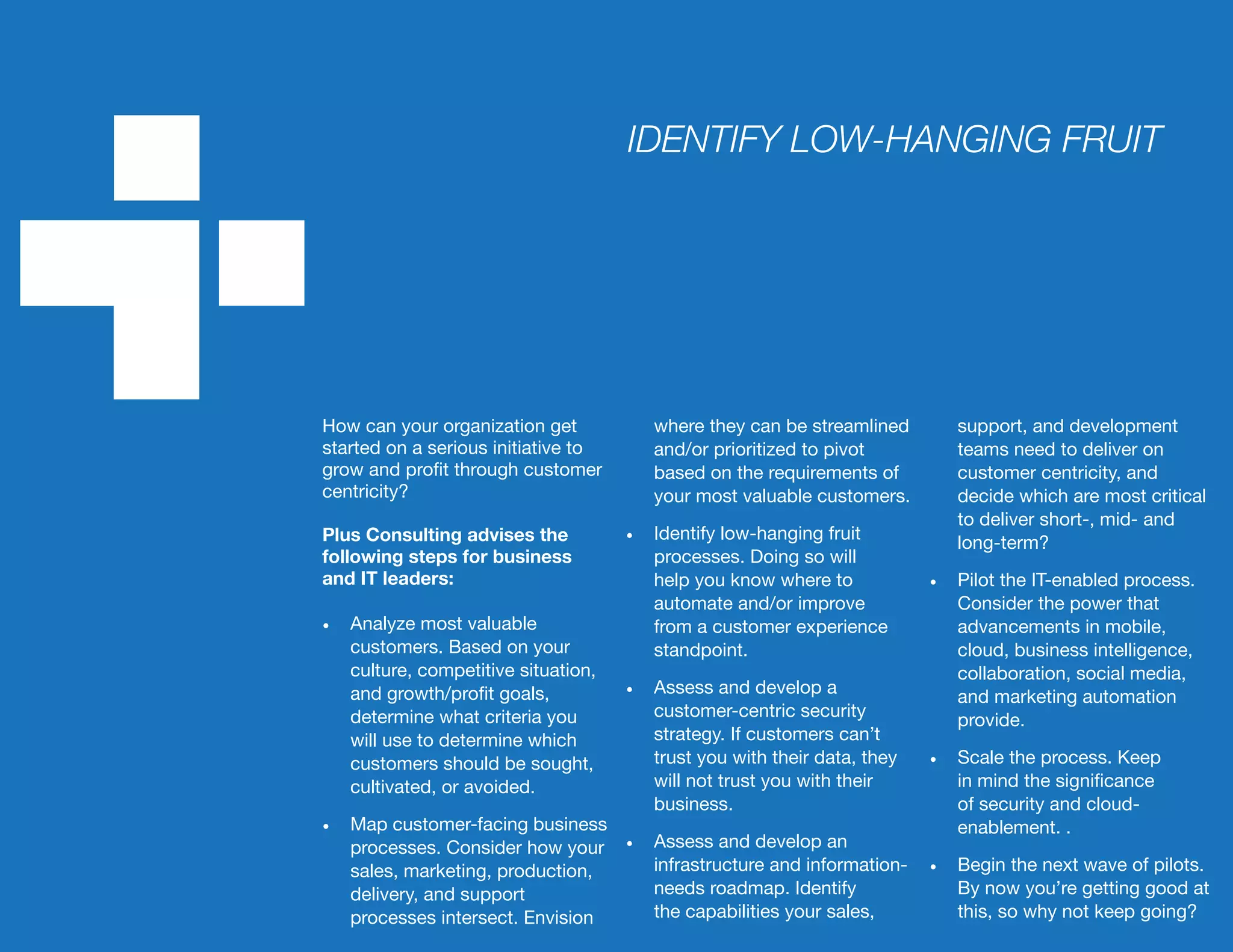 How can your organization get
started on a serious initiative to
grow and profit through customer
centricity?
Plus Consulting advises the
following steps for business
and IT leaders:
•	 Analyze most valuable
customers. Based on your
culture, competitive situation,
and growth/profit goals,
determine what criteria you
will use to determine which
customers should be sought,
cultivated, or avoided.
•	 Map customer-facing business
processes. Consider how your
sales, marketing, production,
delivery, and support
processes intersect. Envision
where they can be streamlined
and/or prioritized to pivot
based on the requirements of
your most valuable customers.
•	 Identify low-hanging fruit
processes. Doing so will
help you know where to
automate and/or improve
from a customer experience
standpoint.
•	 Assess and develop a
customer-centric security
strategy. If customers can’t
trust you with their data, they
will not trust you with their
business.
•	 Assess and develop an
infrastructure and information-
needs roadmap. Identify
the capabilities your sales,
support, and development
teams need to deliver on
customer centricity, and
decide which are most critical
to deliver short-, mid- and
long-term?
•	 Pilot the IT-enabled process.
Consider the power that
advancements in mobile,
cloud, business intelligence,
collaboration, social media,
and marketing automation
provide.
•	 Scale the process. Keep
in mind the significance
of security and cloud-
enablement. .
•	 Begin the next wave of pilots.
By now you’re getting good at
this, so why not keep going?
IDENTIFY LOW-HANGING FRUIT
 