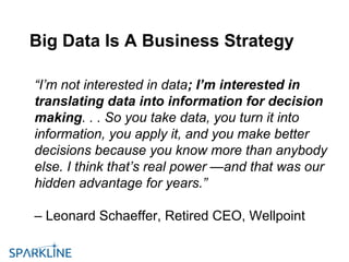 Big Data Is A Business Strategy
“I’m not interested in data; I’m interested in
translating data into information for decision
making. . . So you take data, you turn it into
information, you apply it, and you make better
decisions because you know more than anybody
else. I think that’s real power —and that was our
hidden advantage for years.”
– Leonard Schaeffer, Retired CEO, Wellpoint
 