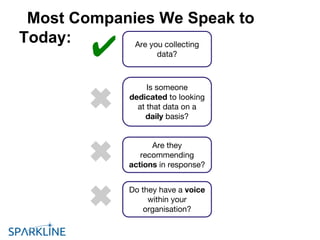 Most Companies We Speak to
Today: Are you collecting
data?
✖
✔
Is someone
dedicated to looking
at that data on a
daily basis?
Are they
recommending
actions in response?
Do they have a voice
within your
organisation?
✖
✖
 