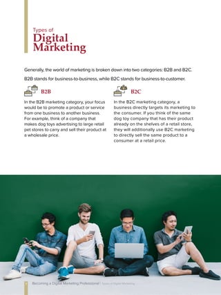 Generally, the world of marketing is broken down into two categories: B2B and B2C.
B2B stands for business-to-business, while B2C stands for business-to-customer.
In the B2B marketing category, your focus
would be to promote a product or service
from one business to another business.
For example, think of a company that
makes dog toys advertising to large retail
pet stores to carry and sell their product at
a wholesale price.
B2B
In the B2C marketing category, a
business directly targets its marketing to
the consumer. If you think of the same
dog toy company that has their product
already on the shelves of a retail store,
they will additionally use B2C marketing
to directly sell the same product to a
consumer at a retail price.
B2C
Digital
Marketing
Types of
7 Becoming a Digital Marketing Professional | Types of Digital Marketing
 