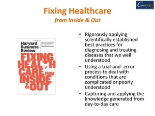 Fixing Healthcare
from Inside & Out
• Rigorously applying
scientifically established
best practices for
diagnosing and treating
diseases that we well
understood
• Using a trial-and- error
process to deal with
conditions that are
complicated or poorly
understood
• Capturing and applying the
knowledge generated from
day-to-day care
 