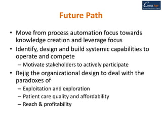 Future Path
• Move from process automation focus towards
knowledge creation and leverage focus
• Identify, design and build systemic capabilities to
operate and compete
– Motivate stakeholders to actively participate
• Rejig the organizational design to deal with the
paradoxes of
– Exploitation and exploration
– Patient care quality and affordability
– Reach & profitability
 