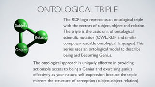The ontological approach is uniquely effective in providing
actionable access to being a Genius and exercising genius
effectively as your natural self-expression because the triple
mirrors the structure of perception (subject-object-relation).
The RDF logo represents an ontological triple
with the vectors of subject, object and relation.
The triple is the basic unit of ontological
scientiﬁc notation (OWL, RDF and similar
computer-readable ontological languages).This
series uses an ontological model to describe
being and Becoming Genius.
Subject
Object
Relation
ONTOLOGICALTRIPLE
 