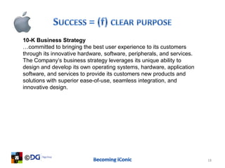 10-K Business Strategy
…committed to bringing the best user experience to its customers
through its innovative hardware, software, peripherals, and services.
The Company’s business strategy leverages its unique ability to
design and develop its own operating systems, hardware, application
software, and services to provide its customers new products and
solutions with superior ease-of-use, seamless integration, and
innovative design.




                                                                        18
 