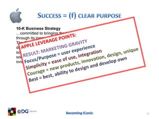 10-K Business Strategy
…committed to bringing the best user experience to its customers
through its innovative hardware, software, peripherals, and services.
The Company’s business strategy leverages its unique ability to
design and develop its own operating systems, hardware, application
software, and services to provide its customers new products and
solutions with superior ease-of-use, seamless integration, and
innovative design.




                                                                        21
 