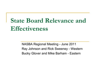 State Board Relevance and Effectiveness NASBA Regional Meeting - June 2011 Ray Johnson and Rick Sweeney - Western Bucky Glover and Mike Barham - Eastern 