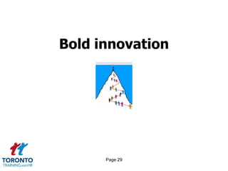 Page 27Increased creativity and innovation 2 of 3Organizations that squelch creativity can no longer compete with organizations that champion creativityEverybody has their own private Mount Everest they were put in this earth to climbThe more talented someone is the less they need the propsDon’t try to stand out from the crowd; avoid crowds full stopIf you accept the pain, it cannot hurt youNever compare your inside with somebody else’s outsideDying young is overratedNobody cares, do it for yourselfWrite from the heart