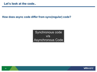 Let‟s look at the code..



How does async code differ from sync(regular) code?




                        Synchronous code
                              v/s
                       Asynchronous Code




 18
 