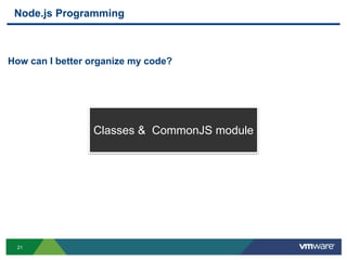 Node.js Programming



How can I better organize my code?




                 Classes & CommonJS module




 21
 