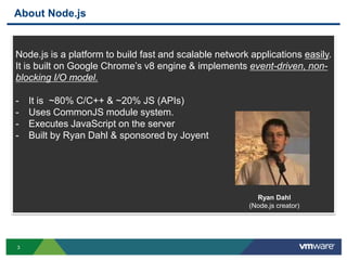 About Node.js


Node.js is a platform to build fast and scalable network applications easily.
It is built on Google Chrome‟s v8 engine & implements event-driven, non-
blocking I/O model.

-   It is ~80% C/C++ & ~20% JS (APIs)
-   Uses CommonJS module system.
-   Executes JavaScript on the server
-   Built by Ryan Dahl & sponsored by Joyent




                                                          Ryan Dahl
                                                        (Node.js creator)




3
 
