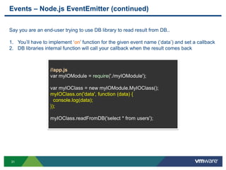 Events – Node.js EventEmitter (continued)


Say you are an end-user trying to use DB library to read result from DB..

1. You‟ll have to implement „on‟ function for the given event name („data‟) and set a callback
2. DB libraries internal function will call your callback when the result comes back



                  //app.js
                  var myIOModule = require('./myIOModule');

                  var myIOClass = new myIOModule.MyIOClass();
                  myIOClass.on('data', function (data) {
                    console.log(data);
                  });

                  myIOClass.readFromDB('select * from users');




31
 