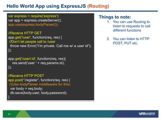 Hello World App using ExpressJS (Routing)
var express = require('express');                         Things to note:
var app = express.createServer();                            1. You can use Routing to
app.use(express.bodyParser());                                  listen to requests to call
                                                                different functions
//Receive HTTP GET
app.get('/user', function(req, res) {                        2. You can listen to HTTP
 //Don‟t let people call to /user                               POST, PUT etc.
  throw new Error(“I‟m private. Call me w/ a user id");
});

app.get('/user/:id', function(req, res){
    res.send('user ' + req.params.id);
});

//Receive HTTP POST
app.post(„‟/register”, function(req, res) {
 //(Use bodyParser middleware for this)
  var body = req.body;
  db.save(body.user, body.password);
}



51
 