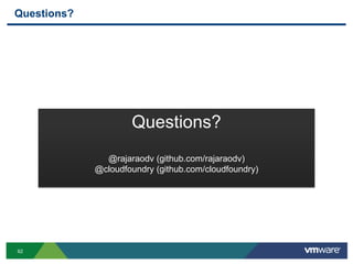 Questions?




                     Questions?
               @rajaraodv (github.com/rajaraodv)
             @cloudfoundry (github.com/cloudfoundry)




62
 