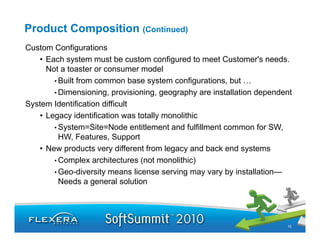 Product Composition (Continued)
Custom C fi
C t    Configurations
                   ti
   • Each system must be custom configured to meet Customer's needs.
     Not a toaster or consumer model
       • Built from common base system configurations, but …
       • Dimensioning, provisioning, geography are installation dependent
System Identification difficult
 y
   • Legacy identification was totally monolithic
       • System=Site=Node entitlement and fulfillment common for SW,
         HW, Features, Support
   • New products very different from legacy and back end systems
       • Complex architectures (not monolithic)
       • Geo di ersit means license ser ing ma vary b installation
         Geo-diversity                 serving may ar by installation—
         Needs a general solution




                                                                       10
 