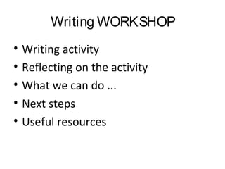 Writing WORKSHOP
•
•
•
•
•

Writing activity
Reflecting on the activity
What we can do ...
Next steps
Useful resources

 