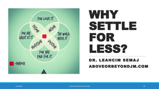 WHY
SETTLE
FOR
LESS?
DR. LEAHCIM SEMAJ
ABOVEORBEYONDJM.COM
10/18/2017 WWW.ABOVEORBEYONDJM.COM 59
 