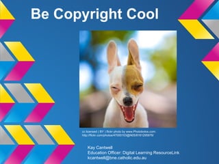Be Copyright Cool
Kay Cantwell
Education Officer: Digital Learning ResourceLink
kcantwell@bne.catholic.edu.au
cc licensed ( BY ) flickr photo by www.Photobotos.com:
http://flickr.com/photos/47000103@N05/8161295976/
 