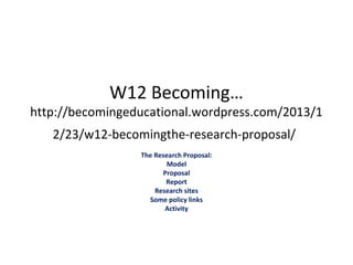 W12 Becoming…

http://becomingeducational.wordpress.com/2013/1
2/23/w12-becomingthe-research-proposal/
The Research Proposal:
Model
Proposal
Report
Research sites
Some policy links
Activity

 