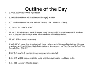 •
•
•
•
•
•
•
•
•
•
•
•
•
•
•
•
•
•
•

Outline of the Day

9.30-10.00 arrival, coffee, registration

10.00 Welcome from Associate Professor Digby Warren
10.15 Welcome from Pauline, Sandra, Debbie, Tom - and Chris O’Reilly
10.30 - 11.30 ‘Draw to learn’
11.30-12.30 Science and Social Sciences: using the visual for qualitative research methods
and to (re)conceptualising science (Philip Howlett and Debbie Holley)
12.30-1.30 lunch and networking
1.30-2.30 ‘It’s more than just drawing!’ Using collages and Cabinets of Curiosities; Memory
envelopes and installations; Digital artefacts and Animations - for TLA. (Sandra Sinfield, Tom
Burns & Chris O’Reillly)
2.30/ 2.45 shuffle & comfort break - reconvene in main hall
2.45- 3.45 MOOC madness: digital tools, activities, exemplars – and table tasks.
3.45- 4.00 summary, thanks, depart

 