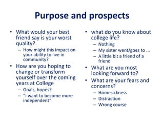 Purpose and prospects
• What would your best
friend say is your worst
quality?
– How might this impact on
your ability to live in
community?
• How are you hoping to
change or transform
yourself over the coming
years at College
– Goals, hopes?
– “I want to become more
independent”
• what do you know about
college life?
– Nothing
– My sister went/goes to ...
– A little bit a friend of a
friend
• What are you most
looking forward to?
• What are your fears and
concerns?
– Homesickness
– Distraction
– Wrong course
 