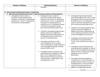 E:CDD FilesBEC-PELC Finalized June 2010COVER PELC - EPK.docxPrinted: 12/3/2010 3:04 PM [fsbergado] 4
Ikaapat na Baitang Ikalimang Baitang Ikaanim na Baitang
kapangkat
III. MGA KATANGI-TANGING KAKAYAHAN AT KASANAYAN
A. Mga Kasanayang Panghimnasyo/”Stunts” at mga Gawaing Sumusubok sa Sariling Kakayahan
 naisasagawa nang may sapat na
kahusayan ang mga katangi-tanging
kakayahan at kasanayan sa mga gawaing
panghimnasyo, “stunts” at mga gawaing
sumusubok sa sariling kakayahan
 naisasagawa nang may sapat na
kahusayan ang mga katangi-tanging
kakayahan at kasanayan sa mga gawaing
pang-himnasyo, “stunts” at mga gawaing
sumusubok sa sariling kakayahan at
nakalilikha ng isa (1) o dalawang (2) payak
na ehersisyo na gumagamit ng mga
panimulang kasanayang panghimnasyo
 naipakikita ang kaugaliang pagtutulungan,
pakikiisa, pamumuno, pagkalisto at
pagiging responsable sa pagsasagawa ng
isa o dalwang Pyramid na binubuo ng
dalawa (2) o tatlong (3) katao
 naisasagawa ang alinman sa mga
iminumungkahing “stunts” na pang-
isahan, pandalawahan, pangmaramihan at
may uring paggulong at pang-“tumbling”
nang may tiwala sa sarili
 naisasagawa nang may kasanayan ang
wastong pag-akyat at pagbaba sa “Balance
Beam” at isa o dalawang ehersisyo sa
ibabaw ng beam habang sumusunod sa
mga pamantayan sa pagsasagawa nang
may pagtitiwala sa sarili
 naisasagawa nang mahusay ang mga
kasanayang panghimnasyo “stunts” at mga
gawaing sumusubok sa sariling kakayahan
at nakalilikha ng isa (1) o dalawang (2)
payak na ehersisyo na ginagamitan ng mga
panimulang kasanayang panghimnasyo
 naipakikita ang kaugaliang pagtutulungan,
pakikiisa, pamumuno, pagkalisto at
pagiging responsable sa pagsasagawa ng
isa (1) o dalawang (2) pyramid na binubuo
ng tatlo (3) hanggang limang (5) katao
 naisasagawa ang alinmang pang-isahan,
pandalawahan at pangmaramihang
“stunts” nang may koordinasyon ayon sa
panuto
 naisasagawa nang may kasanayan ang
wastong pag-akyat at pagbaba sa “balance
beam” at isa (1) o dalwang (2) ehersisyo sa
ibabaw ng “beam” nang may panimbang,
pagtitiwala sa sarili, kontrol at
koordinasyon
 naisasagawa ang wastong pagbitin sa
“horizontal bar” o “horizontal ladder” na
ginagamit ang iba’t ibang uri ng “grips” at
ang paglipat-lipat sa “horizontal ladder”
 nasusunod ang mga pamantayan sa
pagkilos at sa pagsasagawa ng mga
 