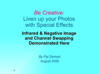Be Creative: Liven up your Photos with Special Effects Infrared & Negative Image and Channel Swapping Demonstrated Here By Pat Samuel August 2008 