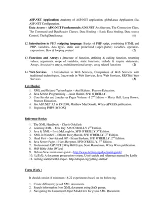 ASP.NET Application: Anatomy of ASP.NET application, global.asax Application file,
ASP.NET Configuration.
Data Access – ADO.NET Fundamentals:ADO.NET Architecture, The Connection Class,
The Command and DataReader Classes. Data Binding – Basic Data binding, Data source
Control, TheSqlDataSource. (6)
12. Introduction to PHP scripting language: Basics of PHP script, combining HTML and
PHP, variables, data types, static and predefined (super-global) variables, operators,
expressions, flow & looping control (2)
13. Functions and Arrays : Structure of function, defining & calling function, returning
values, arguments, scope of variables, static functions, include & require statements,
Arrays, Associative arrays, multidimensional arrays, array related functions (2)
14. Web Services : Introduction to Web Services, Comparison of Web Services with
traditional technologies, Buzzwords in Web Services, Java Web Services, RESTful Web
Services (3)
Text Books:
1. XML and Related Technologies – Atul Kahate , Pearson Education.
2. Java Servlet Programming – Jason Hunter, SPD O’REILLY.
3. Core-Servlet and JavaServer Pages Volume -1 2nd
Edition – Marty Hall, Larry Brown,
Pearson Education.
4. Pro ASP.NET 3.5 in C# 2008, Matthew MacDonald, Wiley-APRESS publication.
5. Beginning PHP5 [WROX]
Reference Books:
1. The XML Handbook – Charls Goldfarb.
2. Learning XML – Erik Ray, SPD O’REILLY 2nd
Edition.
3. Java & XML – Brett McLaugblin, SPD O’REILLY 3rd
Edition.
4. XML in Nutshell – Elliotte RustyHarold, SPD O’REILLY, 3rd
Edition.
5. Head First – Servlet and JSP - Bryan Basham, SPD O’REILLY, 2nd
Edition.
6. Java Server Pages – Hans Bergsten, SPD O’REILLY, 3rd
Edition.
7. Professional ASP.NET 2.0 by Bill Evjen, Scott Hanselman, Wiley Wrox publication.
8. PHP Bible-John [Wiley]
9. Debian New maintainers guide - http://www.debian.org/doc/maint-guide/
10. LaTeX: A document preparation system, User's guide and reference manual by Leslie
11. Getting started with Drupal - http://drupal.org/getting-started/
Term Work :
It should consist of minimum 18-22 experiments based on the following.
1. Create different types of XML documents.
2. Search information from XML document using SAX parser.
3. Navigating the Document Object Model tree for given XML Document.
 