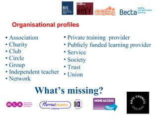 Organisational profiles Association Charity Club Circle Group Independent teacher Network Private training  provider Publicly funded learning provider Service Society Trust Union What’s missing? 