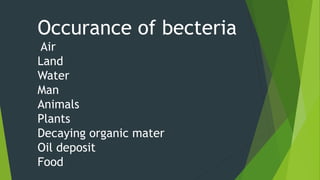 Occurance of becteria
Air
Land
Water
Man
Animals
Plants
Decaying organic mater
Oil deposit
Food