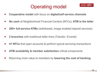 10
Operating model
Cooperative model with focus on digital/self service channels
No cash at Neighborhood Financial Centers (NFCs); ATM is the teller
200+ full-service ATMs (withdrawal, image enabled deposit services)
2 branches with traditional teller lines (Tukwila / Everett)
41 NFCs that open accounts & perform typical servicing transactions
ATM availability & member satisfaction critical components
Returning more value to members by lowering the cost of banking
 