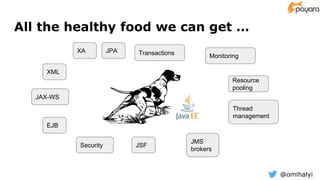 @omihalyi
All the healthy food we can get …
EJB
XA
JAX-WS
XML
JPA Transactions Monitoring
Resource
pooling
Thread
management
JMS
brokers
Security JSF
 