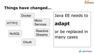 @omihalyi
Things have changed...
Java EE needs to
adapt
or be replaced in
many cases
HTTP/2
OAuth
NoSQL
Docker
Reactive
Streams
Micro
Services
 