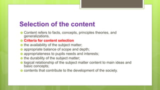 Selecting Content BED 2nd year knowledge and curriculum topic dimensions of curriculum | PPTX