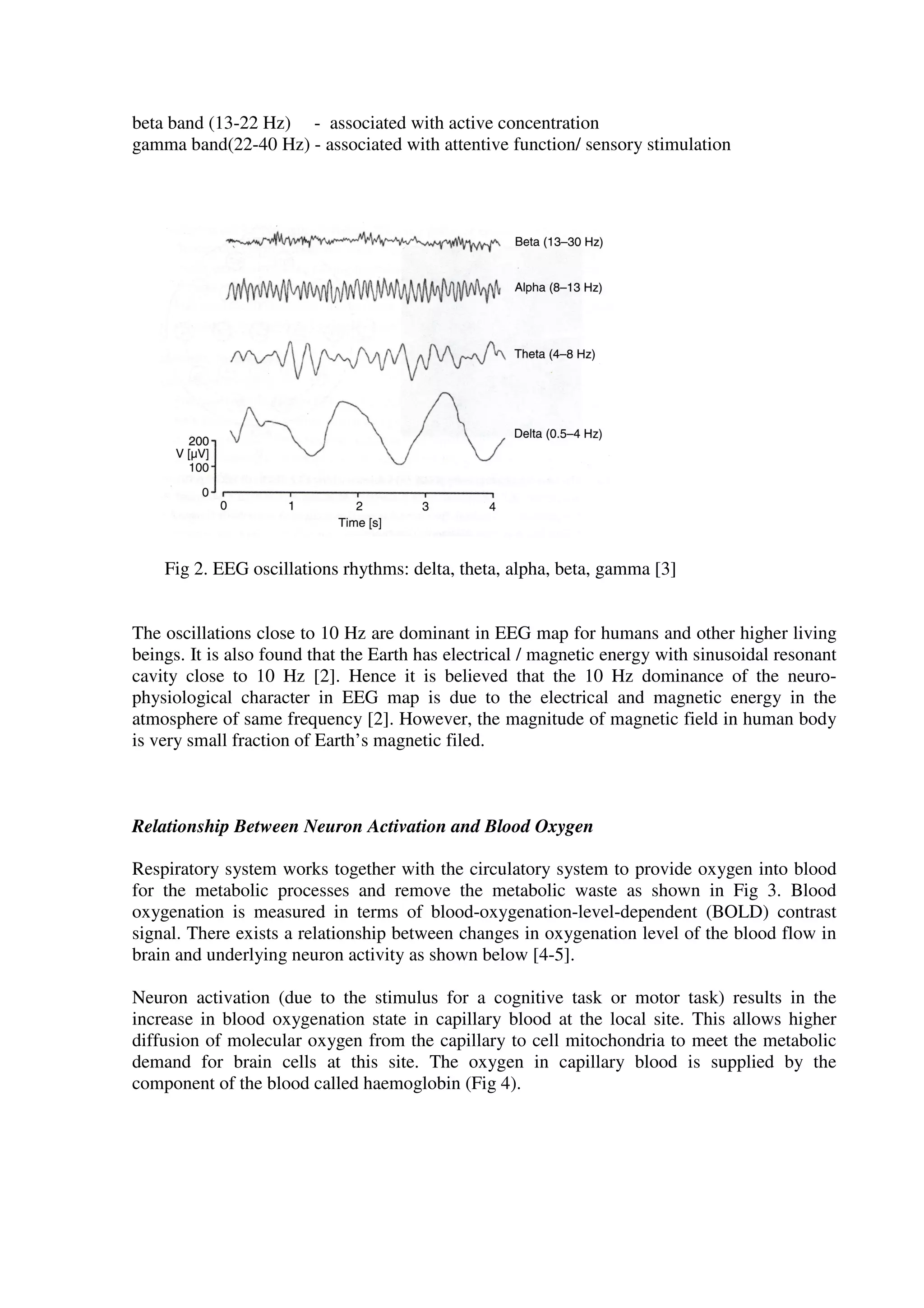 beta band (13-22 Hz) - associated with active concentration
gamma band(22-40 Hz) - associated with attentive function/ sensory stimulation
Fig 2. EEG oscillations rhythms: delta, theta, alpha, beta, gamma [3]
The oscillations close to 10 Hz are dominant in EEG map for humans and other higher living
beings. It is also found that the Earth has electrical / magnetic energy with sinusoidal resonant
cavity close to 10 Hz [2]. Hence it is believed that the 10 Hz dominance of the neuro-
physiological character in EEG map is due to the electrical and magnetic energy in the
atmosphere of same frequency [2]. However, the magnitude of magnetic field in human body
is very small fraction of Earth’s magnetic filed.
Relationship Between Neuron Activation and Blood Oxygen
Respiratory system works together with the circulatory system to provide oxygen into blood
for the metabolic processes and remove the metabolic waste as shown in Fig 3. Blood
oxygenation is measured in terms of blood-oxygenation-level-dependent (BOLD) contrast
signal. There exists a relationship between changes in oxygenation level of the blood flow in
brain and underlying neuron activity as shown below [4-5].
Neuron activation (due to the stimulus for a cognitive task or motor task) results in the
increase in blood oxygenation state in capillary blood at the local site. This allows higher
diffusion of molecular oxygen from the capillary to cell mitochondria to meet the metabolic
demand for brain cells at this site. The oxygen in capillary blood is supplied by the
component of the blood called haemoglobin (Fig 4).
 