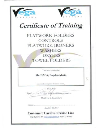 Daca Bogdan - Vega Systems Certificate of Training