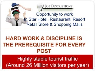 Opportunity to work
In Star Hotel, Restaurant, Resort
Retail Store & Shopping Malls
HARD WORK & DISCIPLINE IS
THE PREREQUISITE FOR EVERY
POST
Highly stable tourist traffic
(Around 26 Million visitors per year)
 