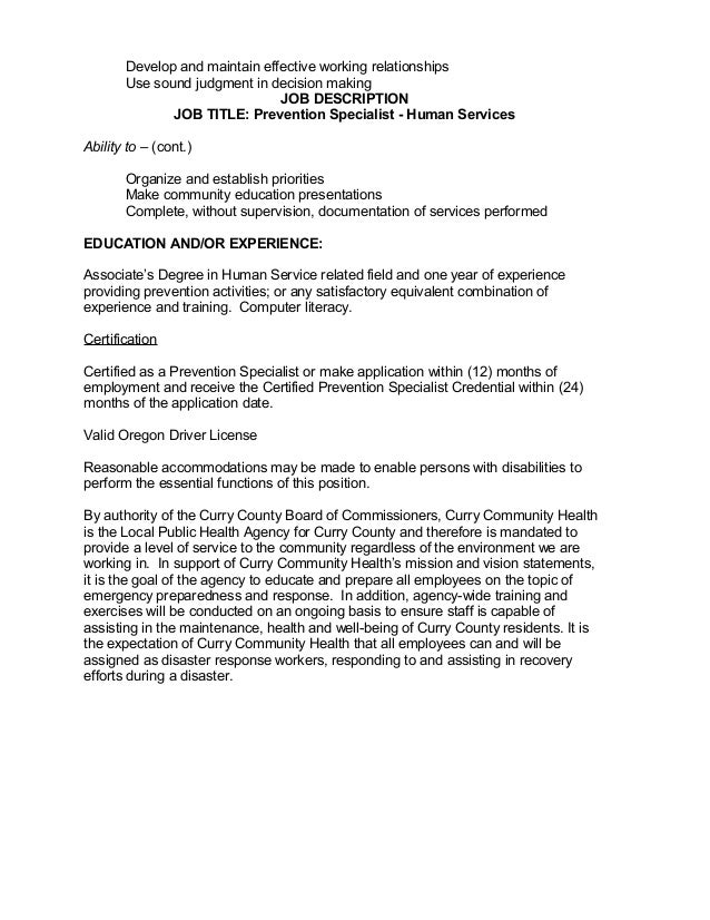Prevention Specialist Job Description