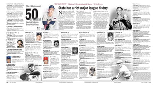 16B JULY 14, 2008 NEWSOK.COMSPORTS MONDAY THE OKLAHOMAN
N
o matter how we do the math,
Oklahoma has a rich history in
major league baseball.
Six members of the Baseball
Hall of Fame were born in Oklahoma:
Johnny Bench, Mickey Mantle, Bullet
Joe Rogan, Willie Stargell, Lloyd Waner
and Paul Waner.
Five other ballplayers enshrined in
Cooperstown were Oklahoma residents:
Dizzy Dean, Carl Hubbell, Ferguson
Jenkins, Warren Spahn and Willie Wells.
And those numbers don’t include the
thousands of outstanding ballplayers who
have played for college and pro teams in
Oklahoma.
Eighteen members of the Baseball
Hall of Fame were players, managers,
coaches or owners for minor league
teams in Oklahoma.
Counting everyone above, we could
say that 25 Baseball Hall of Famers are
“from” Oklahoma.
But in picking our list of Oklahoma’s
50 Greatest Baseball Players we decided
to include only those men who were born
in Oklahoma or lived in the state — not
including those who lived here only
when they were college or minor league
players.
We have included here, however, our
list of the Top 20 Baseball Players from
Oklahoma colleges as well as the 18 Hall
of Famers who toiled for minor league
teams in the state.
Our Top 50 list includes two players
currently playing in the major leagues:
outfielder Matt Holliday, ranked 24th,
and pitcher Braden Looper, who is No.
43.
Both figure to rise in the ratings, espe-
cially the 27-year-old Holliday. Now in his
fifth major league season, he already has
117 home runs, 446 runs batted in and a
.322 batting average in 2,414 at bats.
Those numbers are remarkably simi-
lar to Mickey Mantle’s first five sea-
sons: 121 homers, 445 RBIs and .298
average in 2,411 at bats. And he won
the Triple Crown in his sixth season.
Finally, just for fun, we’ve selected a
No. 1 Baseball Quote, courtesy of the
most popular Oklahoman of ’em all:
“America became a great nation
under baseball,” Will Rogers said,
“and began to decline the moment it
took up a lot of poor substitutes.”
State has a rich major league history
1. Mickey Mantle, of, Baseball Hall of Famer
Note/quote: “On two legs, Mickey Mantle
would have been the greatest ballplayer
who ever lived,” said Hall of Fame second
baseman Nellie Fox.
Oklahoma connection: Born in Spavinaw,
raised in Commerce.
2. Warren Spahn, p, Baseball Hall of Famer
Note/quote: “Home plate is 17 inches
wide, but I ignore the middle 12. I pitch to
the 2½ inches on each side,” he said.
Oklahoma connection: Lived in Hart-
shorne, died in Broken Arrow.
3. Johnny Bench, c, Baseball Hall of Famer
Note/quote: “I don’t want to embarrass
any other catcher by comparing him with
Johnny Bench,” manager Sparky Anderson
said.
Oklahoma connection: Born in Oklahoma
City, raised in Binger.
4. Carl Hubbell, p, Baseball Hall of Famer
Note/quote: “Are you trying to insult
Hubbell, coming up here with a bat?” catch-
er Gabby Hartnett told a batter.
Oklahoma connection: Raised in Meeker.
5. Paul “Big Poison” Waner, of,
Baseball Hall of Famer
Note/quote: “They can run like scalded
cats,” a rival manager said of the Waner
brothers.
Oklahoma connection: Born in Harrah.
6. Willie Stargell, 1b,
Baseball Hall of Famer
Note/quote: “He
doesn’t just hit pitch-
ers; he takes away their
dignity,” Don Sutton
said of Stargell.
Oklahoma connec-
tion: Born in Earlsboro.
7. Dizzy Dean, p, Baseball Hall of Famer
Note/quote: “Son, what kind of pitch
would you like to miss?” Ol’ Diz once asked
a batter from the pitcher’s mound.
Oklahoma connection: Lived in Spauld-
ing.
8. Ferguson Jenkins, p,
Baseball Hall of Famer
Note/quote: Had six straight
20-win seasons en route to
284 wins in 19 seasons.
Oklahoma connection: Lived
in Guthrie.
9. Bullet Joe Rogan, p,
Baseball Hall of Famer
Note/quote: “The greatest pitcher that
ever threw a ball,” said Negro League team-
mate Tank Carr.
Oklahoma connection: Born in Oklahoma
City.
10. Iron Man Joe McGinnity, p,
Baseball Hall of Famer
Note/quote: He won 246
games in 10 seasons and had
a 2.66 career ERA.
Oklahoma connection: Lived
in McAlester and Krebs.
11. Bobby Murcer, of
Note/quote: “You decide
you’ll wait for your pitch.
Then, as the ball starts
toward the plate, you think
about your stance; and
then you think about your
swing; and then you realize
the ball that went past you
for a strike was your pitch,” he said.
Oklahoma connection: Born in Oklahoma
City, lived in Edmond.
12. Willie Wells, ss, Baseball Hall of Famer
Note/quote: “In the field he could do
everything Ozzie Smith did... and he was a
much better hitter than Ozzie,” said Hall of
Famer Monte Irvin.
Oklahoma connection: Lived in Oklaho-
ma City.
13. Lloyd “Little Poison” Waner, of,
Baseball Hall of Famer
Note/quote: “A fan in Ebbets Field is
supposed to have complained, ‘Every time
you look up those Waner boys are on base.
It’s always the little poison on third and the
big poison on foist,” wrote sportswriter Red
Smith.
Oklahoma connection: Born in Harrah,
died in Oklahoma City.
14. Carl Mays, p
Note/quote: Best known as the sub-
marine pitcher who beaned and killed Ray
Chapman, but he also had 207 wins and
2.92 career ERA.
Oklahoma connection: Lived in King-
fisher.
15. Allie Reynolds, p
Note/quote: Yankees
manager Casey Stengel
said “Super Chief” was
“the best pitcher at start-
ing and relieving I’ve ever
managed...He’s two pitch-
ers rolled into one.”
Oklahoma connection: Born in Bethany,
died in Oklahoma City.
16. Joe Carter, of
Note/quote: His exuberance was conta-
gious after he hit a walk-off, three-run
homer to win the 1993 World Series.
Oklahoma connection: Born in Oklahoma
City.
17. Darrell Porter, c
Note/quote: In 1979
he became only the sec-
ond catcher to have 100
or more RBIs, runs and
walks in a season.
Oklahoma connection:
Lived in Oklahoma City
and Broken Arrow.
18. Bob Johnson, of
Note/quote: “Indian Bob” was a seven-
time American League All-Star who had nine
20-homer and eight 100-RBI seasons.
Oklahoma connection: Born in Pryor.
19. Alvin Dark, ss-mgr
Note/quote: “Every player should be
accorded the privilege of at least one sea-
son with the Chicago Cubs. That’s baseball
as it should be played, in God’s own sun-
shine. And that’s really living,” he said.
Oklahoma connection: Born in Co-
manche.
20. Harlond Clift, 3b
Note/quote: Maybe the most underrated
third baseman in big league history. The first
3B to hit 30 homers and first to start 50
double plays in a season.
Oklahoma connection: Born in El Reno.
21. Mickey Tettleton, c-dh
Note/quote: Patient, power-hitting catcher
and DH ranks among the most famous ath-
letes from Southeast High School, with
Bobby Murcer and Darrell Porter.
Oklahoma connection: Born and raised in
Oklahoma City, lives in Norman, also lived in
Pauls Valley.
22. Harry Brecheen, p
Note/quote: Nicknamed
“The Cat” for his fielding
prowess, he also was the
first lefty to win three World
Series games. His career
Series ERA: 0.85.
Oklahoma connection:
Born in Broken Bow, lived in Ada and
Purcell, died in Bethany.
23. Johnny Callison, of
Note/quote: He had the only hit in the
White Sox’ 11-run seventh inning against
Kansas City. The A’s walked 10, hit three
batters and had three errors in the inning.
Oklahoma connection: Born in Qualls.
24. Matt Holliday, of
Note/quote: On NL All-Star team for third
straight year. In only his fifth season in the
majors, he has Mickey Mantle-like numbers.
Oklahoma connection: Born and raised in
Stillwater.
25. Pepper Martin, of-3b
Note/quote: “A chunky, unshaven hobo
who ran the bases like a berserk locomotive,
slept in the raw, and swore at pitchers in his
sleep” is how author Lee Allen described
Martin, aka The Wild Horse of the Osage.
Oklahoma connection: Born in Temple,
died in McAlester, where he was director of
the Oklahoma State Penitentiary.
26. Newt “Colt” Allen, 2b:
Note/quote: “The best second base-
man I played with (in the Negro Leagues),”
said Hall of Fame shortstop Willie Wells.
Oklahoma connection: Lived in Oklaho-
ma City.
27. Paul Blair, of
Note/quote: One of the best center
fielders in the game, earning eight Gold
Gloves from 1964-80 and especially good
in the postseason.
Oklahoma connection: Born in Cushing.
28. Bill Russell, ss
Note/quote: Part of of the Dodgers’
superb infield of Steve Garvey, Davey
Lopes, Russell and Ron Cey that went to
four World Series in eight years.
Oklahoma connection: Lived in Tulsa.
29. Johnny Ray, 2b
Note/quote: He led the National
League in putouts and assists in his roo-
kie season, 1982. He led the league in
doubles the next two years and was an AL
All-Star in ’88.
Oklahoma connection: Born in Chou-
teau.
30. Steve Rogers, p
Note/quote: A University of Tulsa gradu-
ate in petroleum engineering, he struck
for 158 big league wins, mostly for bad
Montreal teams.
Oklahoma connection: Lived in Tulsa.
31. Jim Gentile, 1b
Note/quote: “Dia-
mond Jim” had one of
the best seasons ever
in 1961, with 46 home-
rs (including five grand
slams) and 141 RBIs.
But that was the year
Mantle and Maris bat-
tled for Babe Ruth’s
home run record.
Oklahoma connection: Lives in
Edmond.
32. Dale Mitchell, of
Note/quote: Mitchell
may be best remembered
for what he did least:
strike out, as the final
batter in Don Larsen’s
perfect game in the 1956
World Series. Game film
indicated the ball was
outside. Mitchell fanned
only 119 times in 3,984 big league at bats.
Oklahoma connection: Born in Colony,
lived in Cloud Chief and Oklahoma City, died
in Tulsa.
33. Lindy McDaniel, p
Note/quote: After beginning his career as
a starter he became a premier reliever, lead-
ing the NL in saves three times. He retired
32 consecutive batters in August 1968.
Oklahoma connection: Born in Hollis.
34. Eddie Fisher, p
Note/quote: If there had been an Amer-
ican League Cy Young Award in 1965, he
would’ve won it. The knuckleballer set an
American League record for career and sin-
gle season relief appearances.
Oklahoma connection: Lives in Altus.
35. Hank Thompson, 3b-of
Note/quote: The third black major leaguer
(after Jackie Robinson and Larry Doby), the
first black man to play in both the American
and National Leagues, and the first black
batter to face a black pitcher (Don New-
combe) in the majors.
Oklahoma connection: Born in Oklahoma
City.
36. Clete Boyer, 3b
Note/quote: One of a record seven broth-
ers to play pro baseball. Was on par defen-
sively with brother Ken Boyer and Brooks
Robinson.
Of Mickey Mantle he said, “He is the only
baseball player I know who is a bigger hero
to his teammates than he is to the fans.”
Oklahoma connection: Lived in
Quapaw.
37. Jerry Adair, 2b
Note/quote: A terrific fielder who went
from Oklahoma State to the major leagues
in 1958. He set big league fielding records.
Oklahoma connection: Born in Sand
Springs, died in Tulsa.
38. U.L. Washington, ss-2b
Note/quote: Maybe best known for play-
ing with a toothpick in his mouth, he was a
success story out of the old Royals Baseball
Academy.
Oklahoma connection: Born in Stringtown.
39. Roy Johnson, of
Note/quote: The strong-armed older
brother of “Indian Bob” Johnson, was an
American League leader in doubles, triples
and outfield assists.
Oklahoma connection: Born in Pryor.
40. Ival Goodman, of
Note/quote: One of Cincinnati’s best
hitters before The Big Red Machine era. Hit
a club-record 30 homers and twice led the
NL in triples.
Oklahoma connection: Lived in Oklahoma
City and Poteau.
41. Jesse Barnes, p
Note/quote: “Nubby” led the NL with 25
win in 1919, won 20 in 1920, won two World
Series games in 1921 and pitched a no-
hitter in 1922.
Oklahoma connection: Born in Perkins.
42. Jim Brewer, p
Note/quote: After Warren Spahn taught
him to throw a screwball he averaged 19
saves from 1968-73. Had 2.70 career ERA.
Oklahoma connection: Lived in Porter and
Broken Arrow.
43. Braden Looper, p
Note/quote: In his second year in the St.
Louis starting rotation after being a reliever
in his first eight major league seasons.
Oklahoma connection: Born in Weather-
ford, raised in Mangum.
44. Frank Linzy, p
Note/quote: A sinkerball pitcher, he had
career-high 21 saves as a 1965 rookie and
an NL-best 14 relief wins four years later.
Oklahoma connection: Born in Fort Gib-
son, lived in Coweta.
45. Joe Dobson, p
Note/quote: A Boston sportswriter said
Dobson, one of 14 children, had a nasty
curveball that “started out somewhere
around the dugout and wound up clipping the
outside corner of the plate.”
Oklahoma connection: Born in Durant.
46. Al Brazle, p
Note/quote: After spending eight years in
the minor leagues, the side-arming lefty
reached the majors at age 28 and twice was
the NL saves leader.
Oklahoma connection: Born in Loyal.
47. Ralph Terry, p
Note/quote: In 1960, he gave up Bill
Mazeroski’s World Series-ending homer. Two
years later he led the AL with 23 wins and
won Games 5 and 7 in the Series.
Oklahoma connection: Born in Big Cabin.
48. Rip Radcliff, of-1b
Note/quote: He hit .325 or more in four of
five seasons in the late ‘30s. He made a
great catch in the 1936 All-Star Game, then
went 6-for-7 the next day.
Oklahoma connection: Born in Kiowa, died
in Enid.
49. Rube Foster, p
Note/quote: Not the Hall of Famer who
pitched in the Negro Leagues. He won two
games and had four hits in the 1915 World
Series and threw no-hitter in ’16.
Oklahoma connection: Born in Lehigh,
died in Bokoshe.
50. Al Benton, p
Note/quote: A two-time All-Star, and the
only pitcher who faced both Babe Ruth (in
1934) and Mickey Mantle (1952).
Oklahoma connection: Born in Noble,
lived in Wayne.
Sources: “Few and Chosen: Defining Negro Leagues Greatness” by Monte
Irvin; The Gigantic Book of Baseball Quotations” by Wayne Stewart; “Glory Days of
Summer” by Bob Burke, Kenny Franks and Royse Parr; “Heroes of the Negro
Leagues” by Mark Chiarello and Jack Morelli; “Baseball’s Best 1,000” by Derek
Gentile; “Stat One” by Craig Messmer; “Who’s Better Who’s Best in Baseball?” by
Elliott Kalb; “The New Bill James Historical Baseball Abstract” by Bill James;
“Baseball’s Greatest Quotations” by Paul Dickson; “The New Biographical History
of Baseball” by Donald Dewey and Nicholas Acocella; “Baseball: The Biographical
Encyclopedia” by Total Baseball; “The Ballplayers” by Mike Shatzkin; “Win Shares”
by Bill James and Jim Henzler; “The Real 100 Best Baseball Players of All Time”
by Ken Shouler; “All Century Team” by Major League Baseball; “Baseball’s 100
Greatest Players” by The Sporting News; and numerous Web sites.
50
The Oklahoman’s
Greatest
baseball players
from Oklahoma
No. 4
Carl Hubbell
No. 3
Johnny Bench
No. 1
Mickey Mantle
No. 2
Warren Spahn
PHOTOS BY THE ASSOCIATED PRESS
17BJULY 14, 2008THE OKLAHOMAN NEWSOK.COM SPORTS MONDAY
 