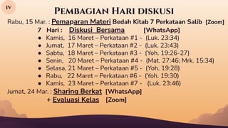 Pembagian Hari diskusi
Rabu, 15 Mar. : Pemaparan Materi Bedah Kitab 7 Perkataan Salib [Zoom]
7 Hari : Diskusi Bersama [WhatsApp]
● Kamis, 16 Maret – Perkataan #1 - (Luk. 23:34)
● Jumat, 17 Maret – Perkataan #2 - (Luk. 23:43)
● Sabtu, 18 Maret – Perkataan #3 - (Yoh. 19:26-27)
● Senin, 20 Maret – Perkataan #4 - (Mat. 27:46; Mrk. 15:34)
● Selasa, 21 Maret – Perkataan #5 - (Yoh. 19:28)
● Rabu, 22 Maret – Perkataan #6 - (Yoh. 19:30)
● Kamis, 23 Maret – Perkataan #7 - (Luk. 23:46)
Jumat, 24 Mar. : Sharing Berkat [WhatsApp]
+ Evaluasi Kelas [Zoom]
iv
 