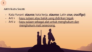 Arti Kata Salib:
- Kata Yunani: stauros; kata kerja, stauroo; Latin crux, cruciﬁgo)
- Arti 1 : kayu sulaan atau balok yang didirikan tegak.
- Arti 2 : kayu sulaan sebagai alat untuk menghukum dan
menghukum mati seseorang.
I
 