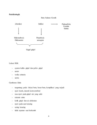 4
Patofisiologik
Batu Saluran Kemih
Lokasi BSK
- system kaliks ginjal dan pelvis ginjal
- ureter
- vesika urinaria
- uretra
Gambaran klinis
- tergantung pada : lokasi batu, besar batu, komplikasi yang terjadi
- nyeri ketok, daerah kortovertebral
- rasa nyeri pada ginjal sisi yang sakit
- retensio urine
- kolik ginjal dan a/a abdomen
- nyeri pada saat kencing
- sering kencing
- tidak nyaman saat berkemih
obstruksi Infeksi Pielonefritis
Uretritis
Sistitis
Pienefrosis
urosepsis
Hidronefrosis
Hidroureter
Gagal ginjal
 