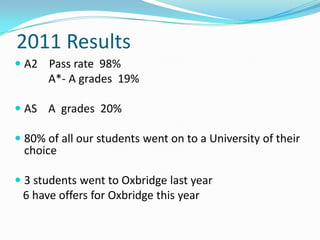 2011 Results
 A2 Pass rate 98%
     A*- A grades 19%

 AS A grades 20%

 80% of all our students went on to a University of their
  choice

 3 students went to Oxbridge last year
  6 have offers for Oxbridge this year
 