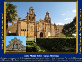 Santa María de los Reales Alcázares 
Serie: Paseos de Eugenio Herrera 
PEH254 Úbeda Monumental 
Antiguo emplazamiento de la mezquita mayor, en la que en1.234 hizo su entrada Fernando III (postigo 
del Claustro ) Fachada renacentista e interior gótico-mudéjar . Tiene cinco naves y bóveda de cañón 
 