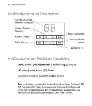 90   Anrufbeantworter




Anrufbeantworter an der Basis bedienen.
        Anzeige für Anrufbe-
        antworter-Funktionen

        Vorher. / Nächste
        Nachricht
                                                                       Nachr. Start/Stopp
        Ruftaste (Paging)
                                                                         Anrufbeantworter
        Nachr. löschen                                                            ein/aus

                                                                           Lautstärke + / -



Anrufbeantworter vom Mobilteil ein-/ausschalten.
            [Menü] drücken, [Anrufbeantworter] auswählen und [OK] drücken.

            [AB ein/aus] auswählen und [OK] drücken.

            Gewünschte Einstellung auswählen und [OK] drücken.


            Tipp: Im Auslieferungszustand ist der Anrufbeantworter in der Betriebsart „Mit
            Aufz.“ eingeschaltet. Haben Sie während des Betriebs auf die Betriebsart
            „Ohne Aufz.“ umgeschaltet und den Anrufbeantworter ausgeschaltet, wird
            beim nächsten Einschalten die Betriebsart „Ohne Aufz.“ aktiviert.
 