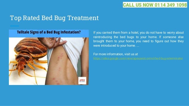 Top Rated Bed Bug Treatment
If you carried them from a hotel, you do not have to worry about
reintroducing the bed bugs to your home. If someone else
brought them to your home, you need to figure out how they
were introduced to your home. ...
For more information, visit us at
https://sites.google.com/view/apexpestcontrol/bed-bug-exterminator
CALL US NOW 0114 349 1098
 