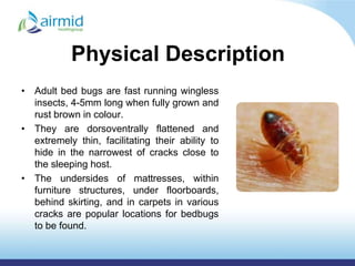 Physical Description
• Adult bed bugs are fast running wingless
  insects, 4-5mm long when fully grown and
  rust brown in colour.
• They are dorsoventrally flattened and
  extremely thin, facilitating their ability to
  hide in the narrowest of cracks close to
  the sleeping host.
• The undersides of mattresses, within
  furniture structures, under floorboards,
  behind skirting, and in carpets in various
  cracks are popular locations for bedbugs
  to be found.
 