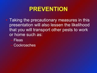 PREVENTION Taking the precautionary measures in this presentation will also lessen the likelihood that you will transport other pests to work or home such as: Fleas Cockroaches 