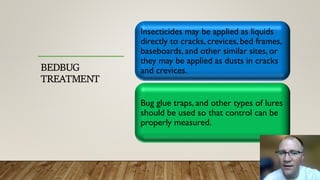 BEDBUG
TREATMENT
Insecticides may be applied as liquids
directly to cracks, crevices, bed frames,
baseboards, and other similar sites, or
they may be applied as dusts in cracks
and crevices.
Bug glue traps, and other types of lures
should be used so that control can be
properly measured.
 