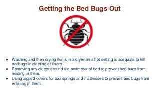 Getting the Bed Bugs Out
● Washing and then drying items in a dryer on a hot setting is adequate to kill
bedbugs in clothing or linens.
● Removing any clutter around the perimeter of bed to prevent bed bugs from
nesting in them.
● Using zipped covers for box springs and mattresses to prevent bed bugs from
entering in them.
 