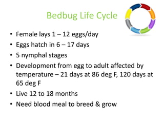 Bedbug Life Cycle
• Female lays 1 – 12 eggs/day
• Eggs hatch in 6 – 17 days
• 5 nymphal stages
• Development from egg to adult affected by
temperature – 21 days at 86 deg F, 120 days at
65 deg F
• Live 12 to 18 months
• Need blood meal to breed & grow
 